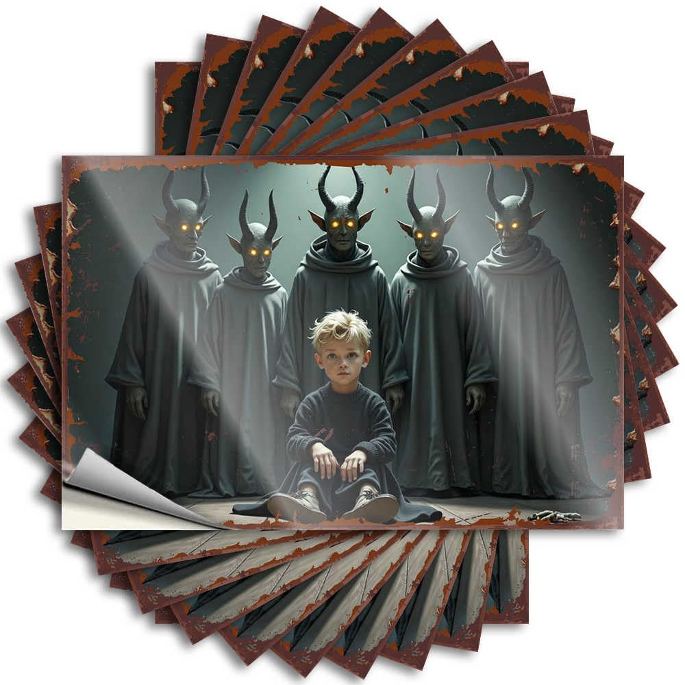 Fzfn Colour Decals Farmhouse Porch Decor Vinyl Sticker | Five Horned Demons Surrounding A Child In A Dark Room Happy For Diatomaceous Use(6X9cm)