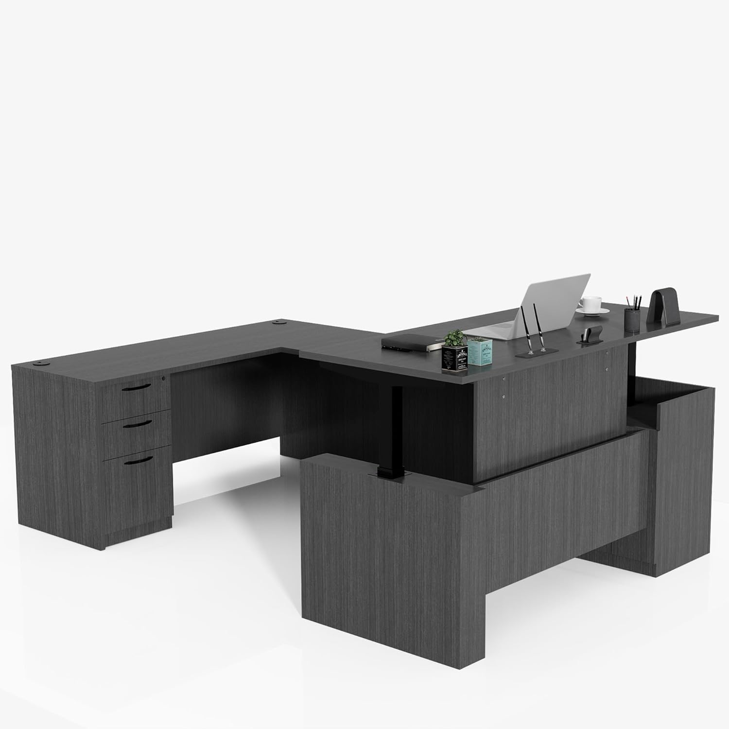 100.4'' U Shaped Executive Standing Desk with Pre-Assembled Frame & Lockable Cabinets, Height Adjustable Desk Dual-Motor Sit-Stand Workstation for Corporate & Home Office (Grey-U)