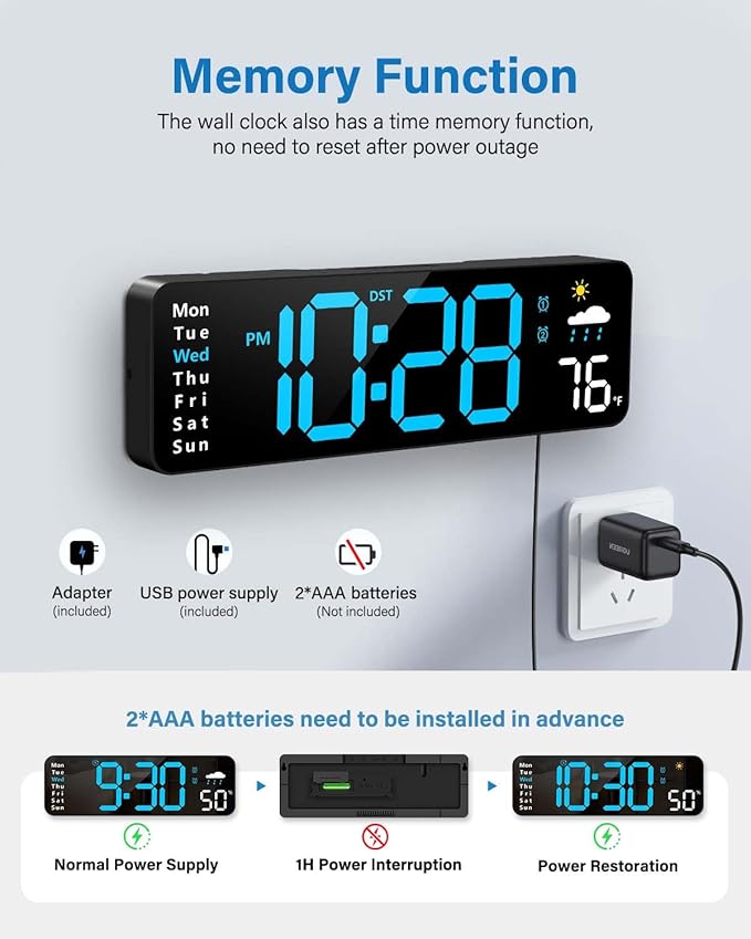 Reloj de pared digital grande LED con control remoto, horario DST, temporizador miniatura 5