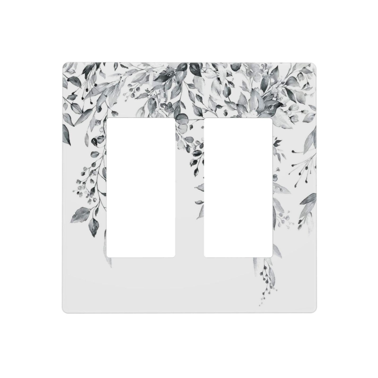 White/Grey Sage Eucalyptus Leaves Decorative 2 Gang Double GFCI Decorator Rocker Light Switch Cover Outlet Wall Plate Electrical Faceplate Screwless