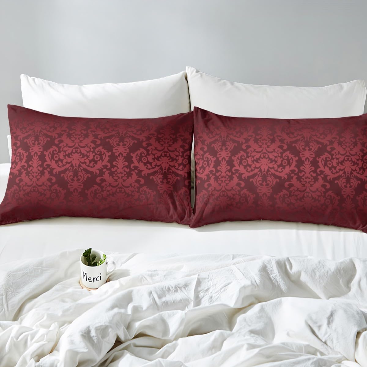 Burgundy Gothic Bed Sheets Twin Vintage Paisley Damask Floral Bedding Sets for Girls Women,Antique Victorian Baroque Sheet Set Bohemian Exotic Fitted Sheet Hotel Luxury Flat Sheet + 1 Pillow Case