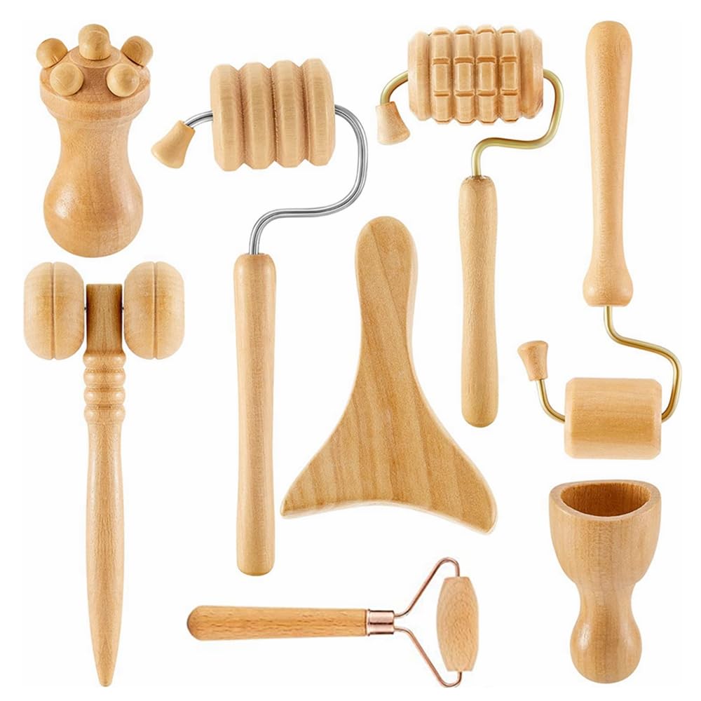 COOLBABY Set of 8 Wooden Facial Massage Tools V Shaped Massage Roller Massager Skin Care Facial Tools. Lymphatic drainage tool. Anti-Cellulite Tool, Wrinkle Removal Tool (Natural Beech Wood)