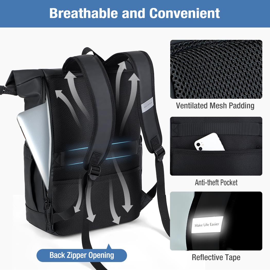 Lekeinchi Zaino Rolltop Uomo Donna Porta PC 17 Pollici | Zaino Impermeabile Uomo Donna - Rains Zaino con Strisce Riflettenti - Zaino da Viaggio Espandibile - Casual Lavoro Università - Nero XL