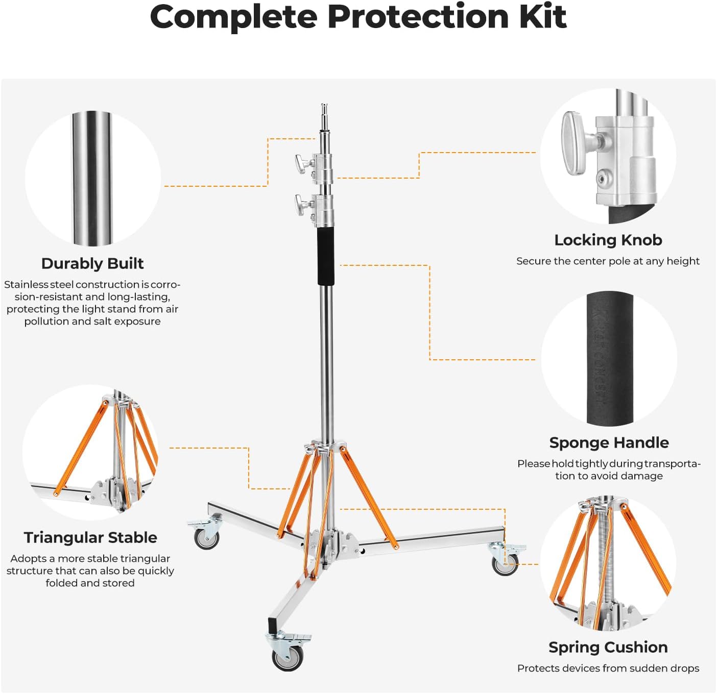 K&F CONCEPT Heavy Duty Light Stand with 360° Swivel Casters & Step-On Brakes, 10ft/305cm Adjustable Stainless Steel Tripod Stand for Studio Photography, Supports COB Lights, Softboxes up to 30kg/66lb
