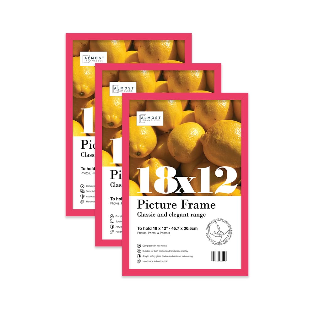 Almost Frameless 18x12 Bright Pink Picture Frame Set of 3, Display 18x12 Picture Gallery Wall, Poster, Photo, Artwork, or Print, Yellow