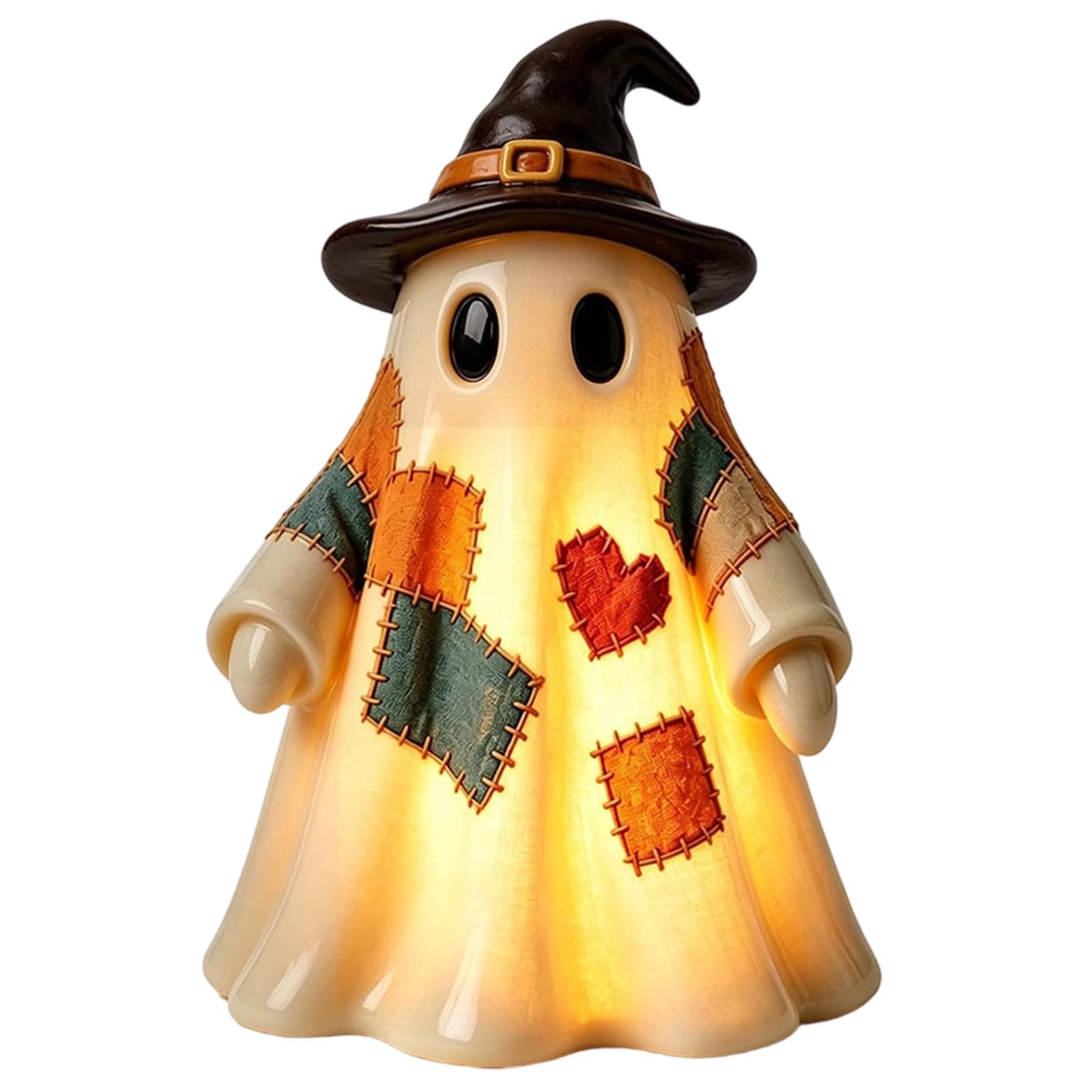 NRGQAXM Lighted Vintage Patchwork-ghost, Resin Patchwork Ghost-figurine with Pumpkin Farmhouse Vintage Halloween Figurine Light-up Halloween Pumpkin Ghosts-statue for Tabletop Decor