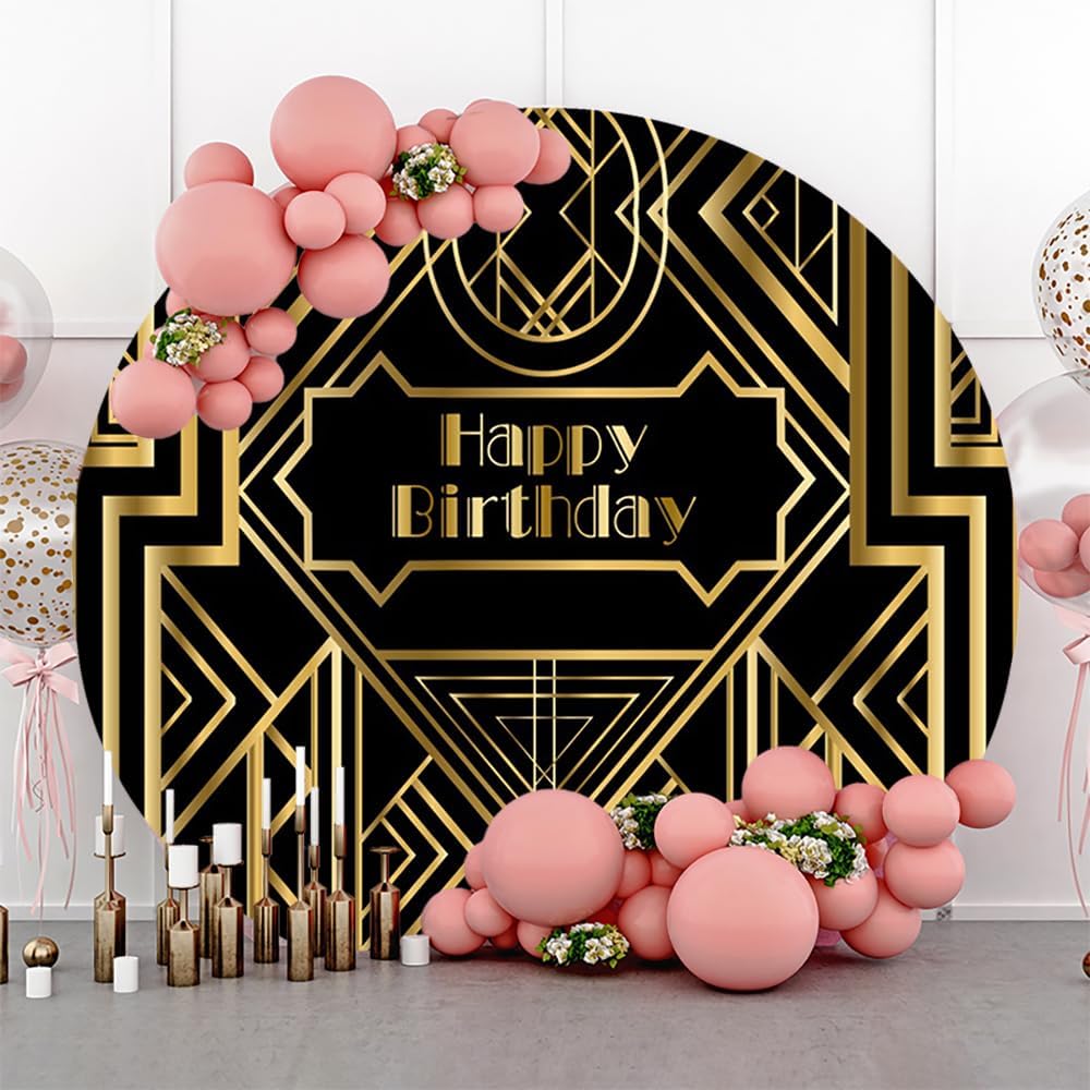 Renaiss 7x7ft Gatsby Happy Birthday Round Backdrop Cover Roaring 20's 20s Themed Circle Photography Background Vintage Black Gold Roars of 20's Dress-Up Birthday Party Decor Arch Photo Booth Props