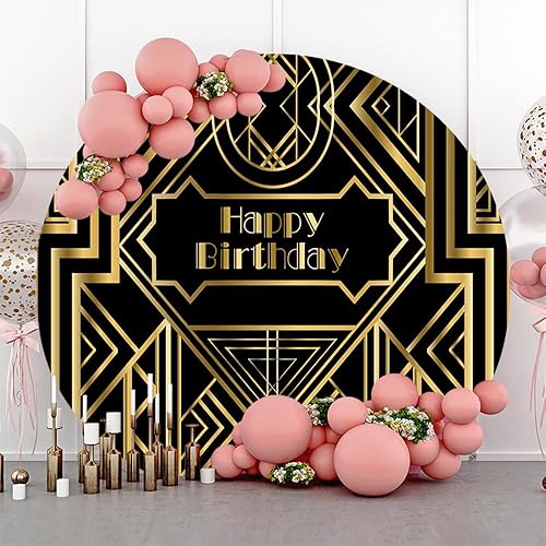 Miniatura 2 de Renaiss Cubierta de fondo redonda de Gatsby de 7 x 7 pies, diseño de círculos temáticos de los años 20 y 20, fondo vintage negro dorado rugidos de