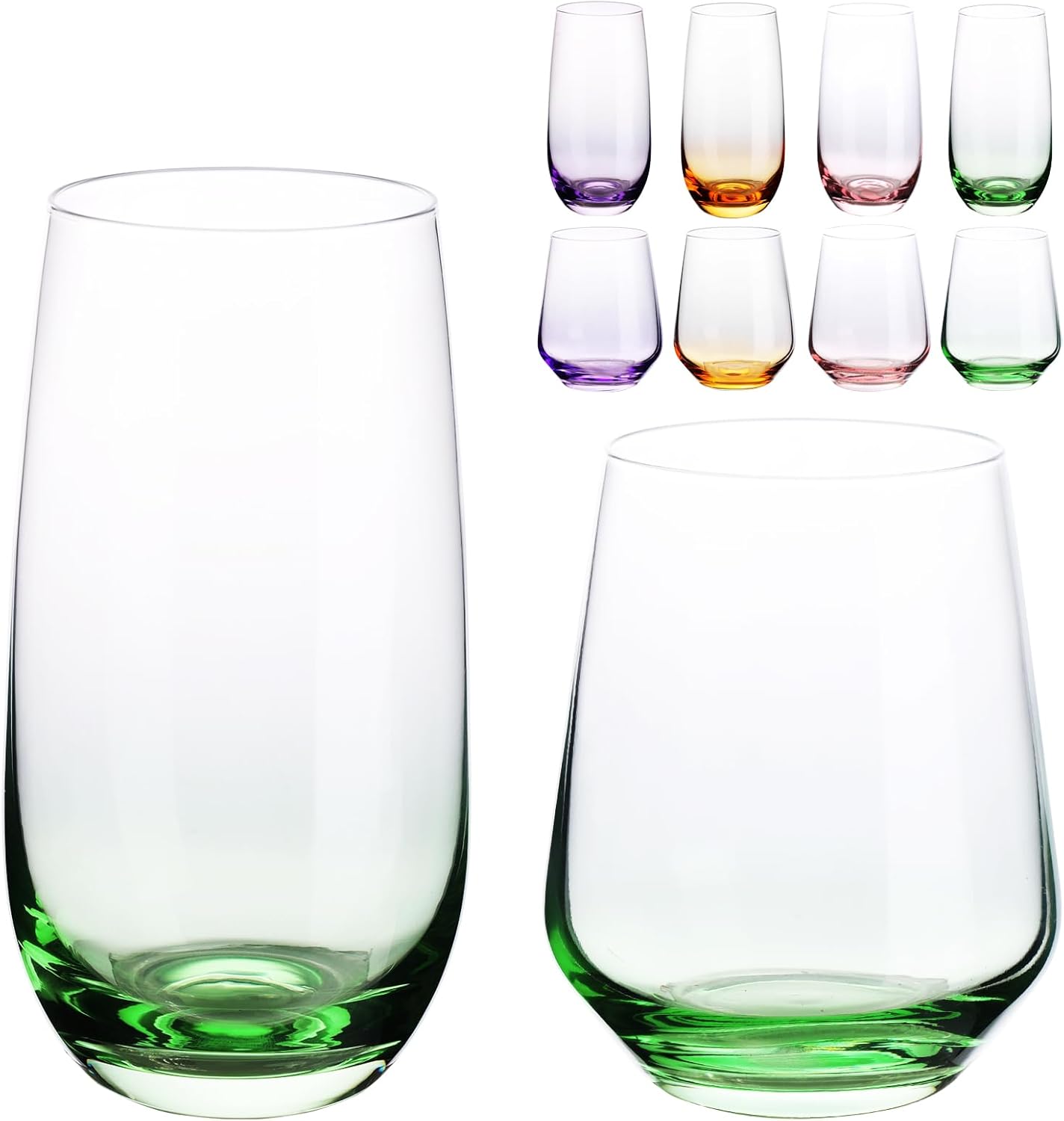 Set of 8 Drinking Glasses, Hand Blown, 4 Highball Glasses 18oz & 4 Stemless Wine Glasses 15oz, Colored Water Glass Cups, for Wedding, Gift