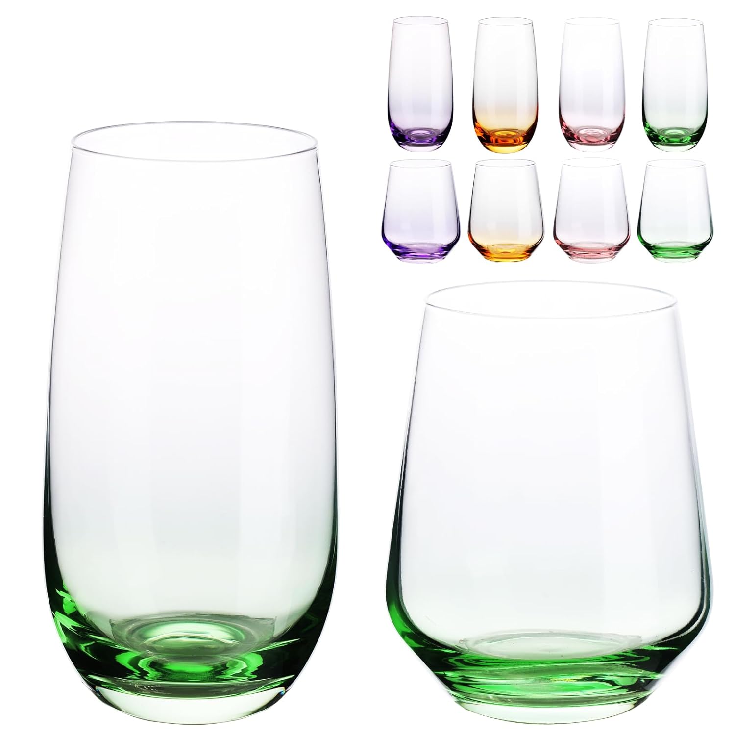 WeirdUncle Set of 8 Drinking Glasses Hand Blown 4 Highball Glasses 18oz 4 Stemless Wine Glasses 15oz Colored
