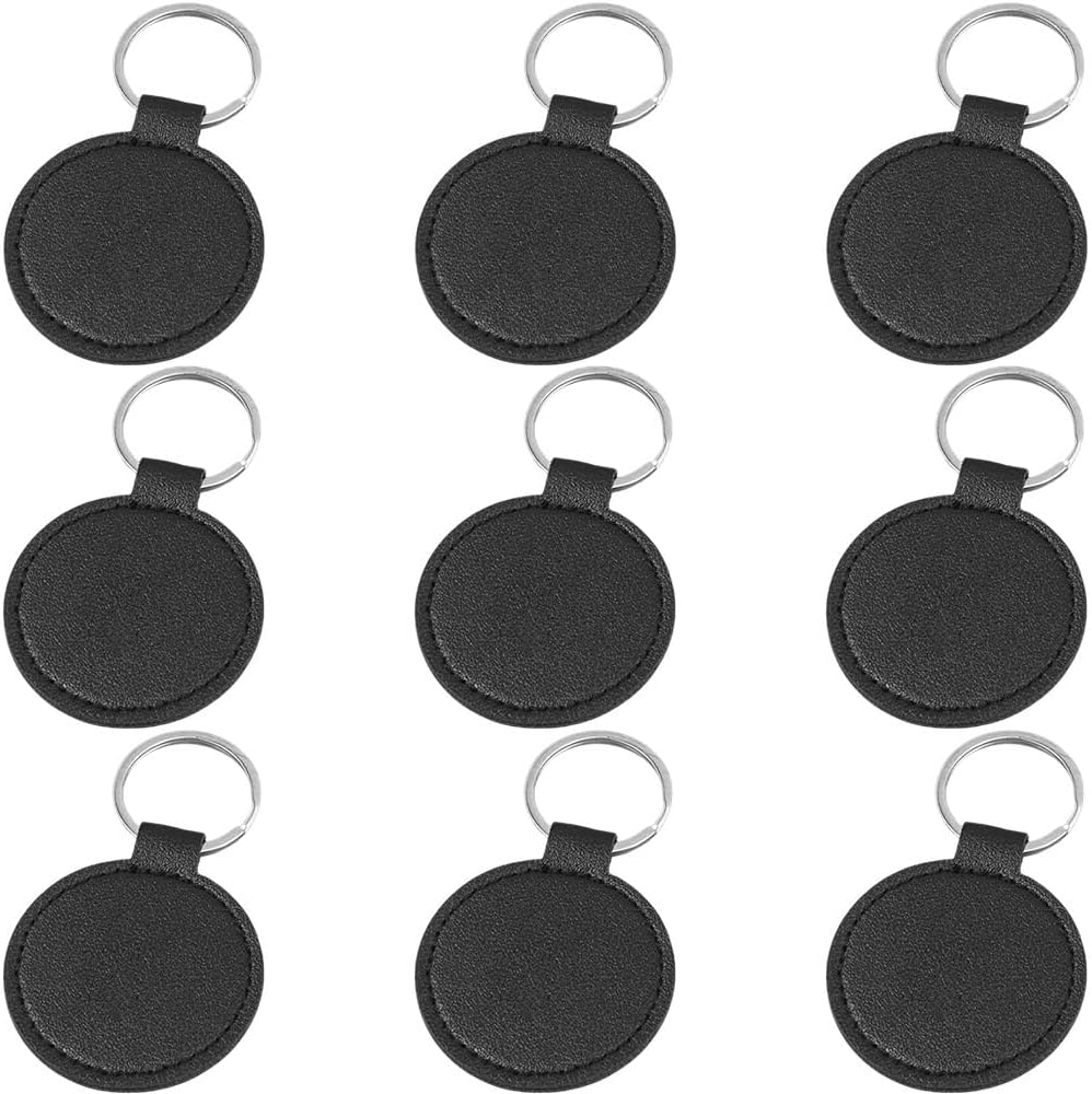 10PCS PU Leather Keychain Blanks Black Double Side Leather Keychain Kits with Key Rings Round Sublimation Key Fob Holder Heat Transfer Keyring Bulk for DIY Craft Making Birthday Gift