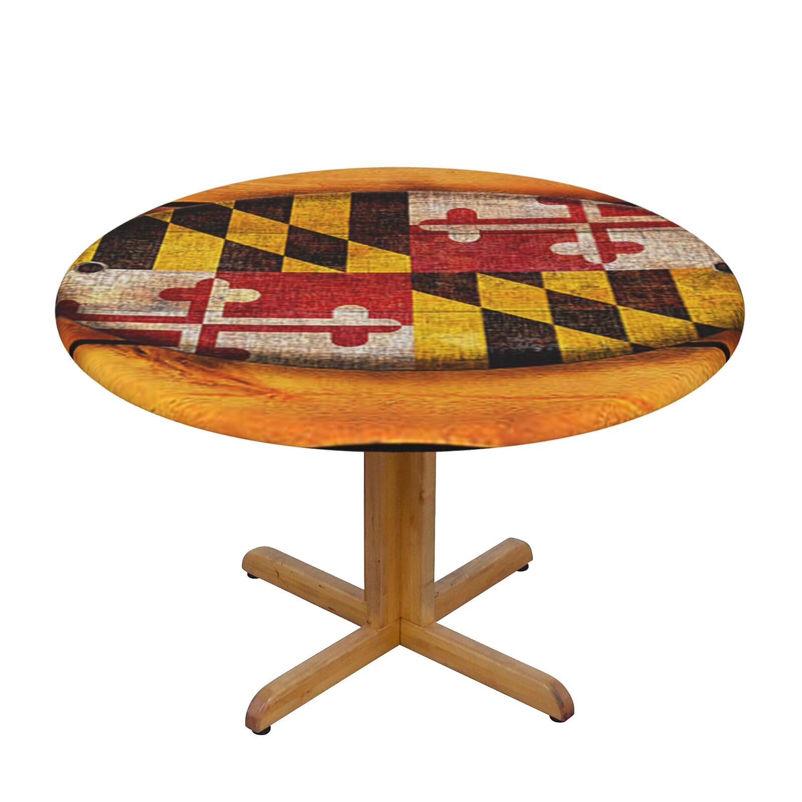 Ffshkowe Maryland Flag Elastic Round Tablecloth Oil Proof Table Cover For Dining Party Picnic