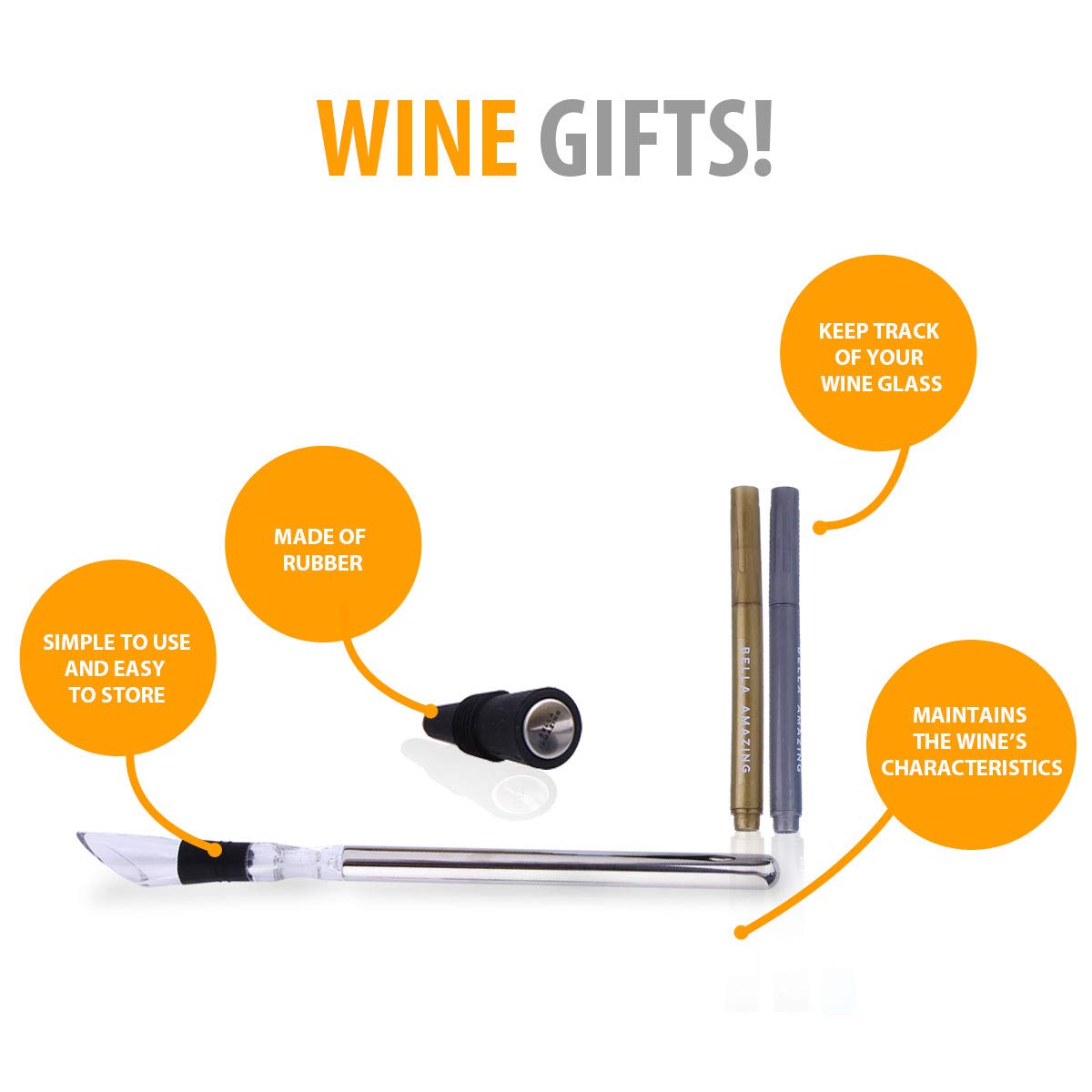 Bella Wine Chillers - Set of Stainless Steel Wine Chiller Stick, 2 Wine Markers and Wine Stopper. Iceless Wine Chiller Rod with Aerator and Pourer. Perfect for Wine Lovers and Enthusiasts