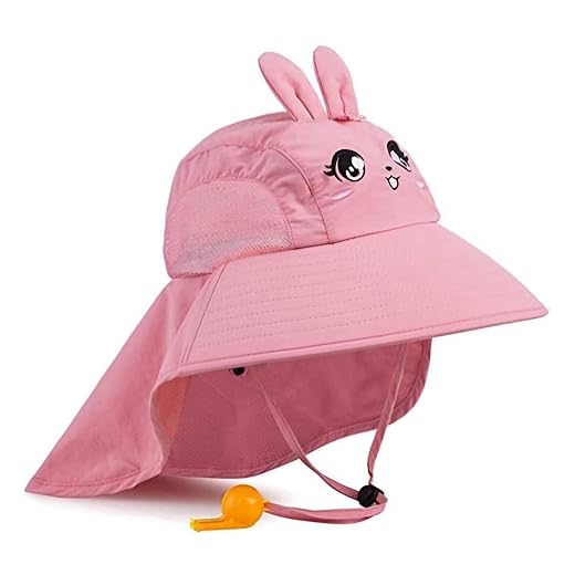 Chapéu de sol infantil FPS 50+ chapéu de proteção para meninos e meninas chapéus de praia de aba larga com malha e alça de ajustável, Vem com apito na alca, Idade entre 3 a 12 anos, BELLA GRACCE