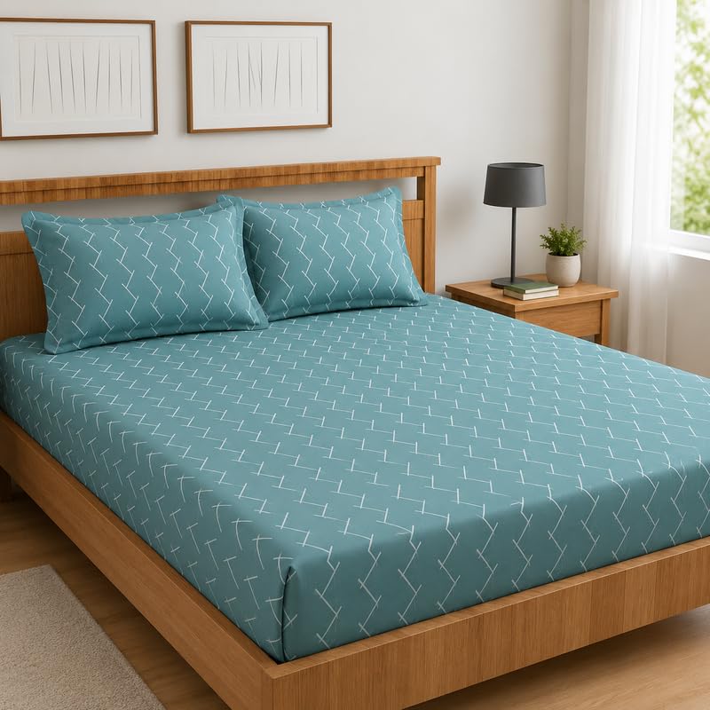 Image of Premium Cotton Fitted Bedsheet King Size 78 x 72 x 8 Inches with 2 Pillow Covers | 220 TC | All-Around Elastic Deep Pocket Bed Cover | Teal Blue Minimal Line