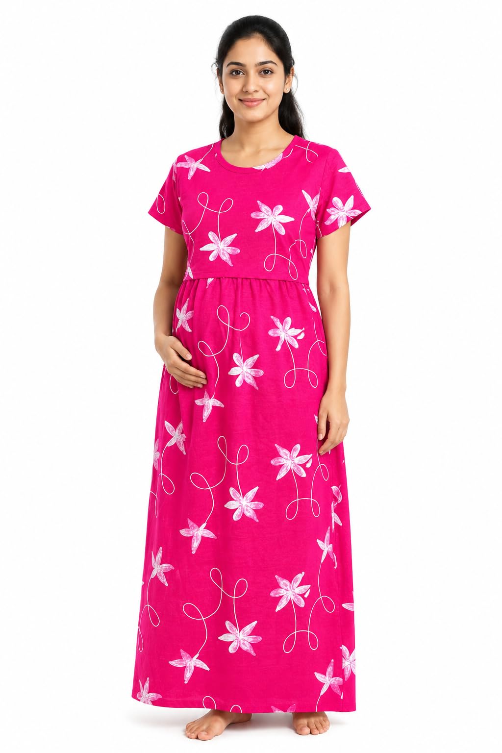 Women's Cotton Printed Maternity Nighty and Feeding Maxi Dress-image-41
