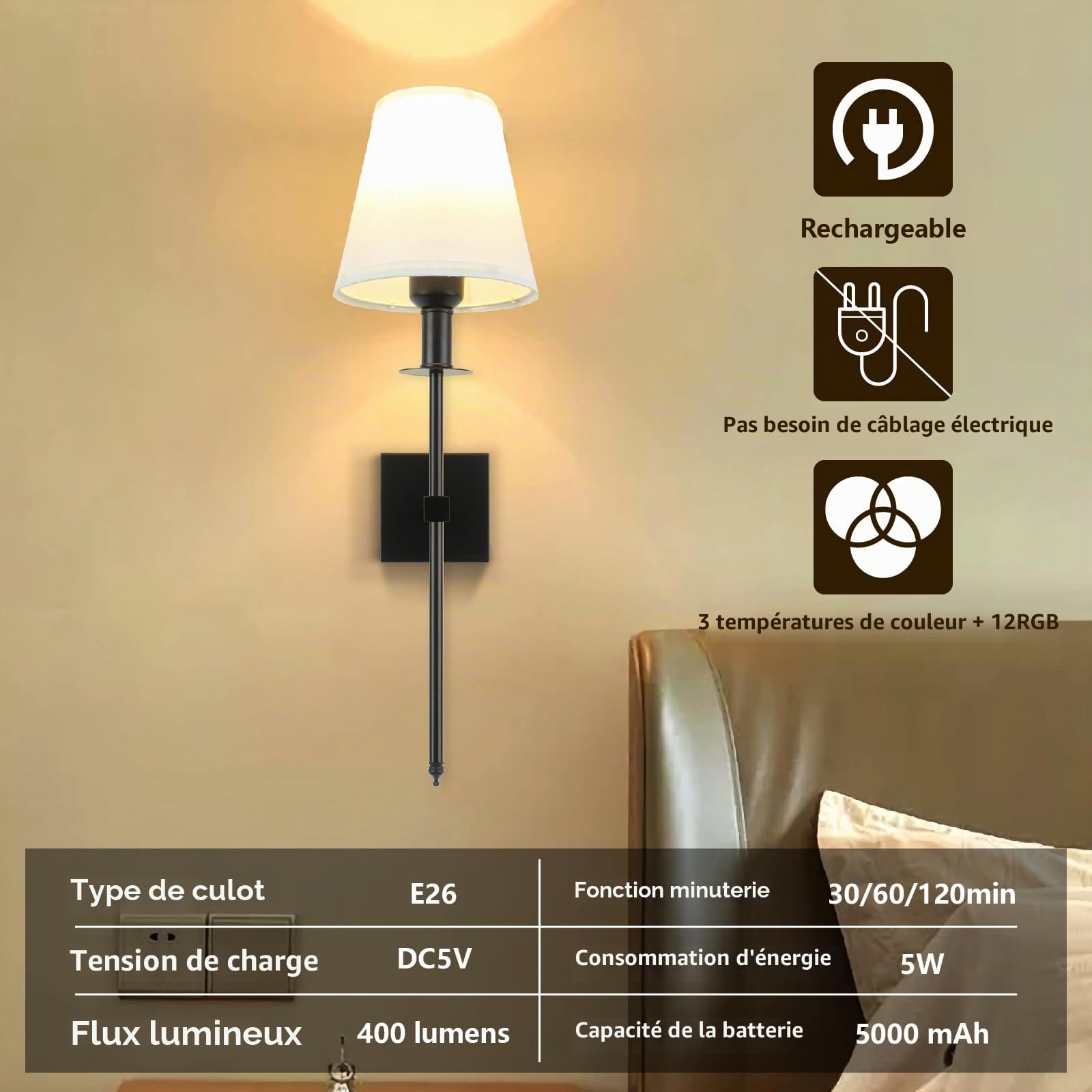 Applique Murale sans Fil Dimmable, 5000mAh Ampoule Rechargeable Amovible et Télécommande, 400 LM Lampe Murale sans Fil pour Salon Chambre Couloir, 2 Pack, Noir