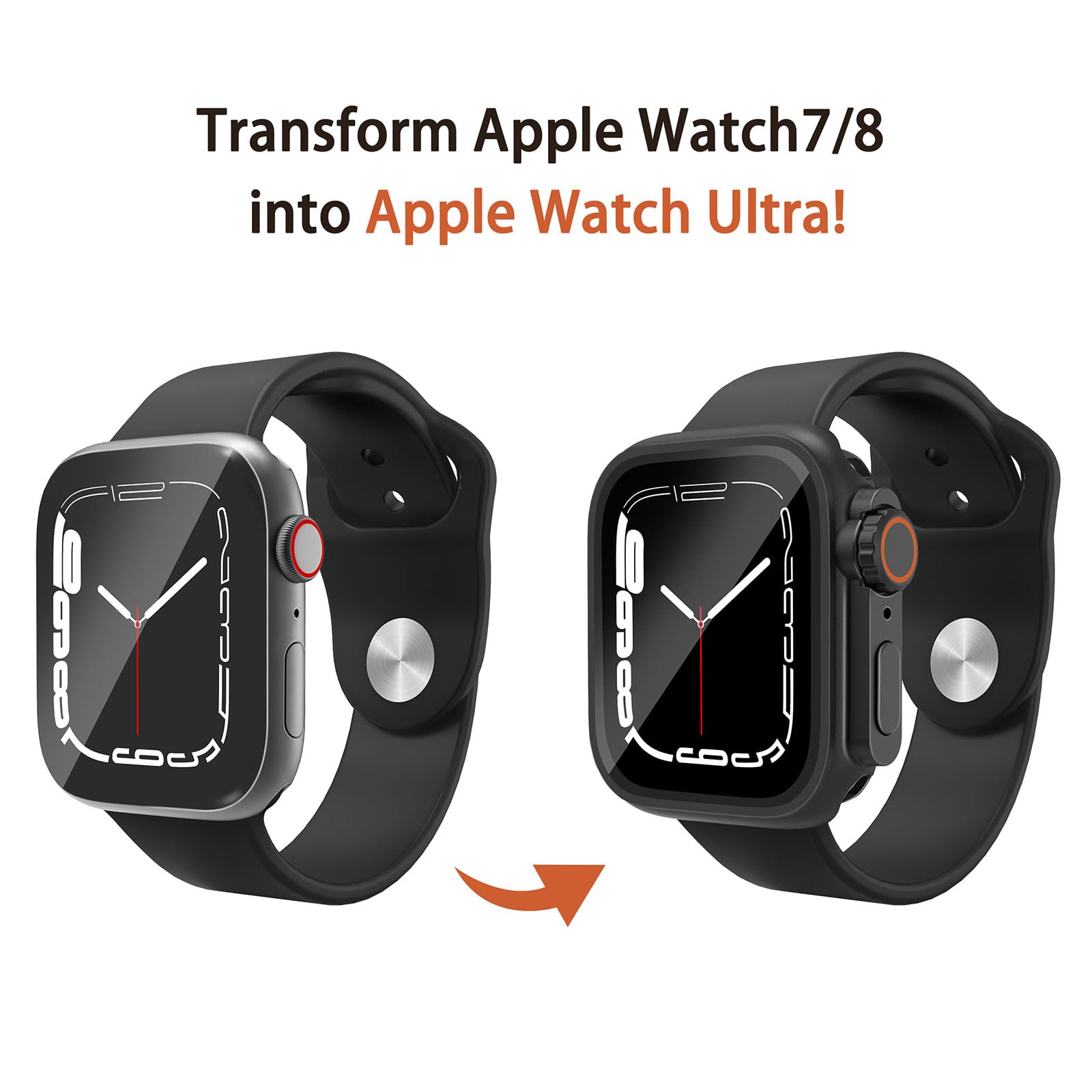 Wodoodporne etui 2 w 1, kompatybilne z Apple Watch 41 mm, osłona ekranu serii 9/8/7 (Ultra Style Design) iWatch ze szkła hartowanego, ochronna tylna osłona PC, akcesoria, czarne