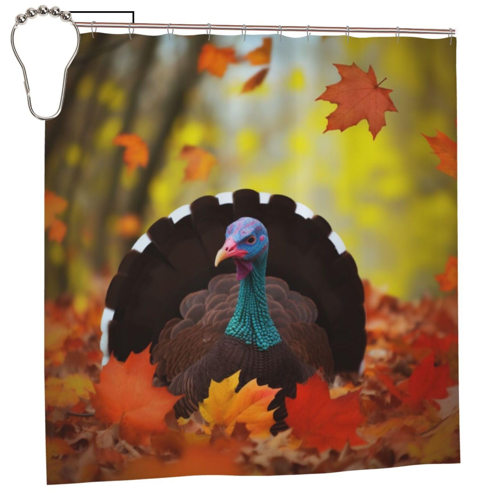BWWHCCTI Turkey and Leaves Printed Shower Curtain With 12 Iron Hooks Opaque Quick Drying Waterproof Shower Curtains Sets For Bathroom 183x183 CM