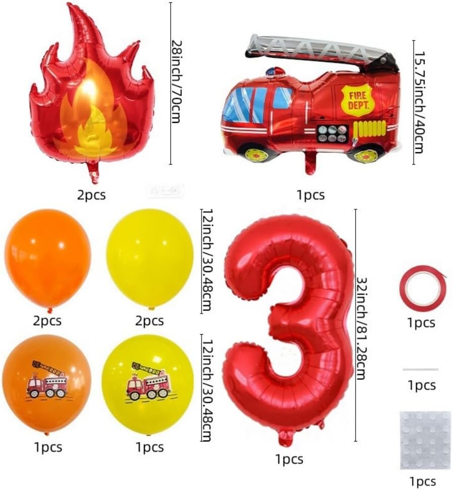 Fire Truck 3rd Birthday Decorations, Firefighter Red Number 3 Balloons, Firetruck 3rd Birthday Party Supplies. (Red 3) image 4
