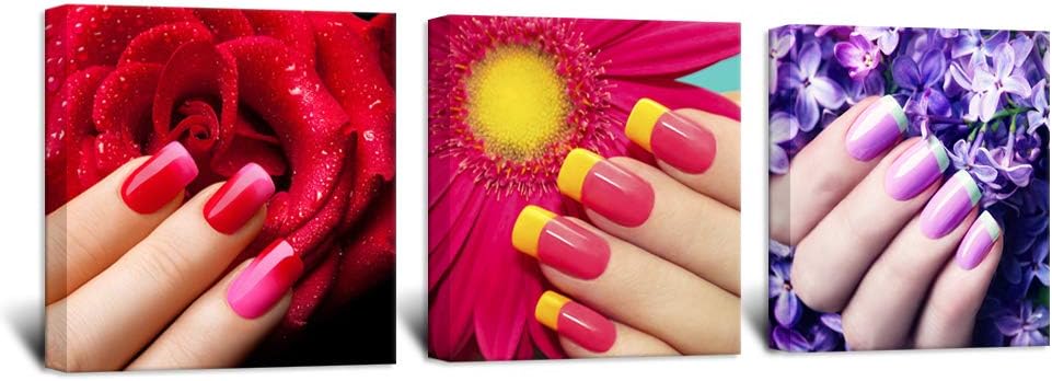 Biuteawal - 3 Panel Woman Fashion Canvas Wall Art Flower Nail Poster Art Prints Hand Spa Makeup and Manicure Picture Painting for Spa Bathroom Beauty Salon Wall Decoration