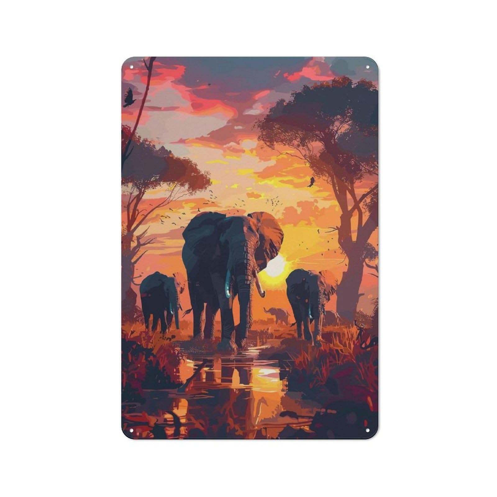 Junmoney Style-19 Metal Sign 30X20cm With Elephants Sunset Savanna For Hallway Wall, Vintage Decor, For Vintage Wall Decor Fans, For Themed Room Decoration