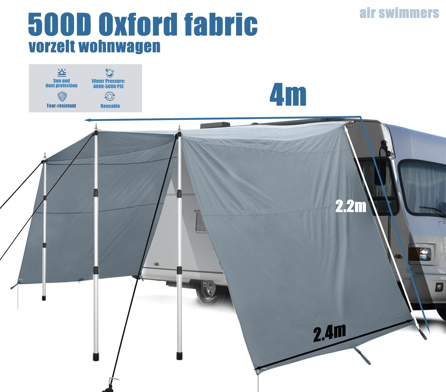 Vorzelt Wohnwagen Sonnensegel 4 x 2.4m mit Kederschiene 4m (4-7mm) DREI Seiten Tarp Camping Zubehör
