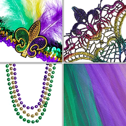 7 Pieces Mardi Gras Costume Accessory Set Tutu Skirt, Faux Feather Half Mask,Mardi Gras Beads,Long Socks For Women And Girls #TOP5