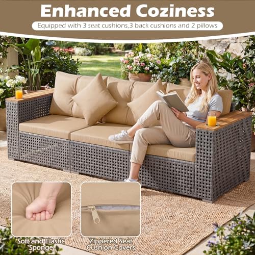 Tangkula 86.5" Large 3-Seat Patio Wicker Sofa, 3 Pieces PE Rattan Sectional Furniture Set with Cup Holder & Wood Armrest, Outdoor Couch with Armless & 2 Corner Sofas for Garden, Yard, Porch (Brown) — view 7