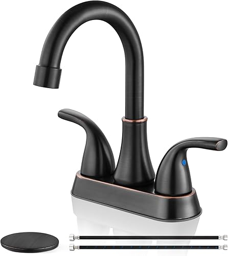 Cinwiny Grifo de lavabo de baño de 4 pulgadas, grifo mezclador de lavabo de doble agujero, boquilla giratoria de dos manijas, montaje en cubierta de