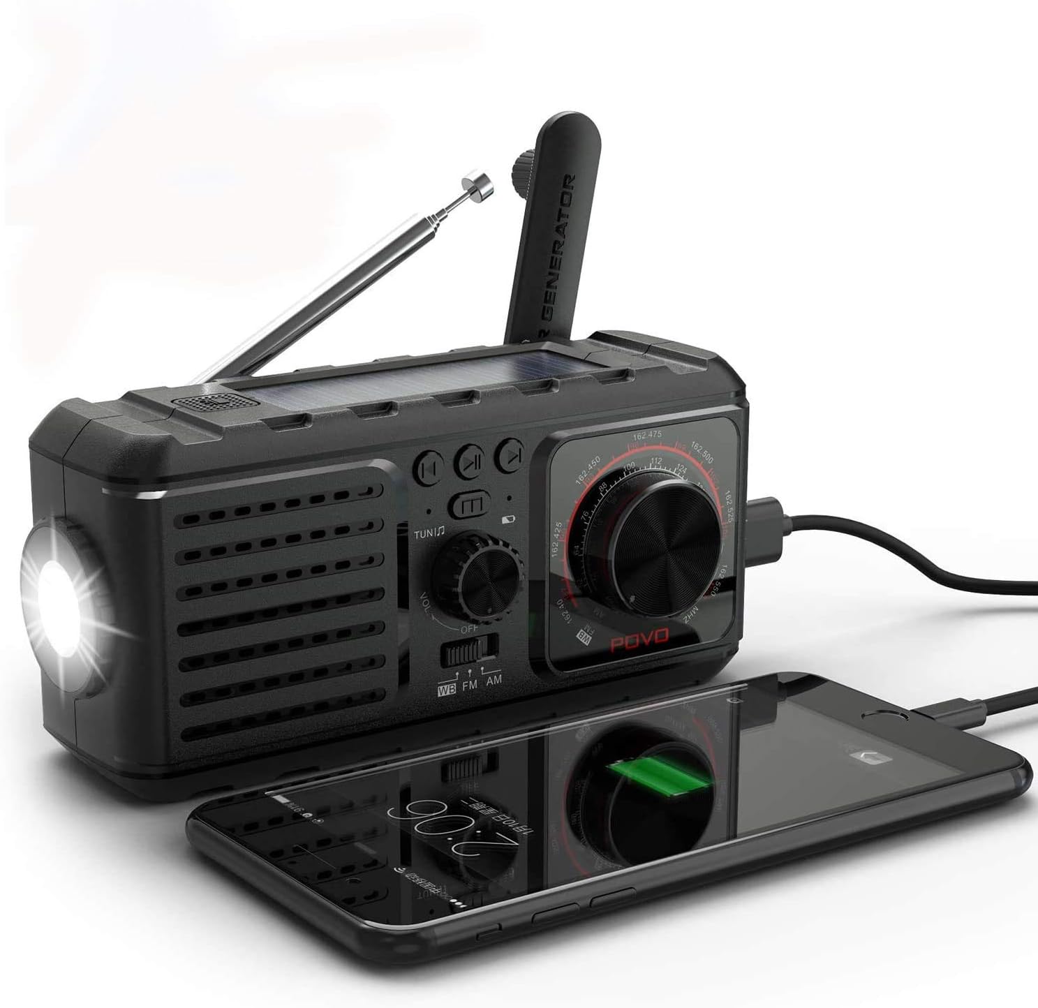 Emergency Weather Radio,Hand Crank 4 Ways Powered AM FM NOAA Weather Alert Portable Radio with Flashlight, Reading Lamp, Cellphone Charger and SOS Alarm 2000mAh Power Bank USB Charger