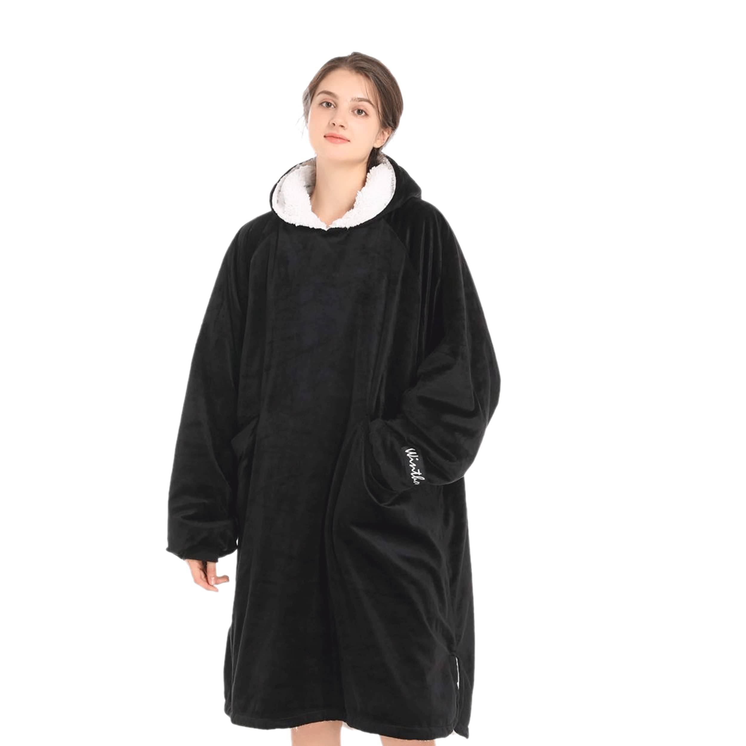 Winthome Oversized Blanket Hoodie Sherpa Wearable Blanket Sweatshirt with Deep Pockets and Sleeves Soft & Warm Lounging Hoodie for Adults Women and Men (Black, XL)