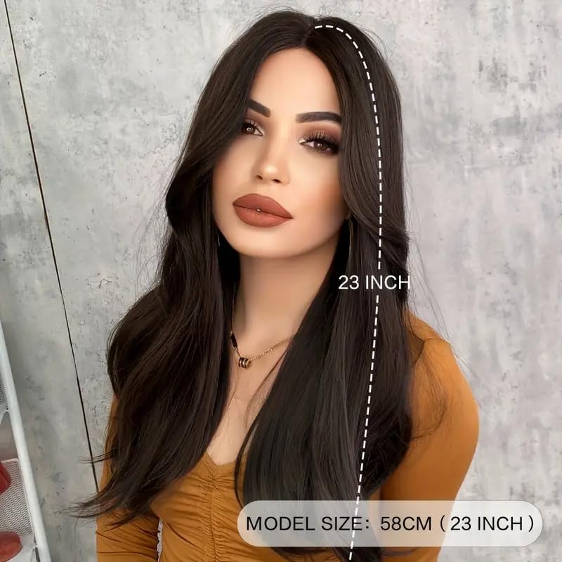 Image of Long Brown Wavy Hair Wig for Women | 26-Inch Heat-Resistant Synthetic Hair | Natural-Looking & Washable | Includes Wig Cap & Comb