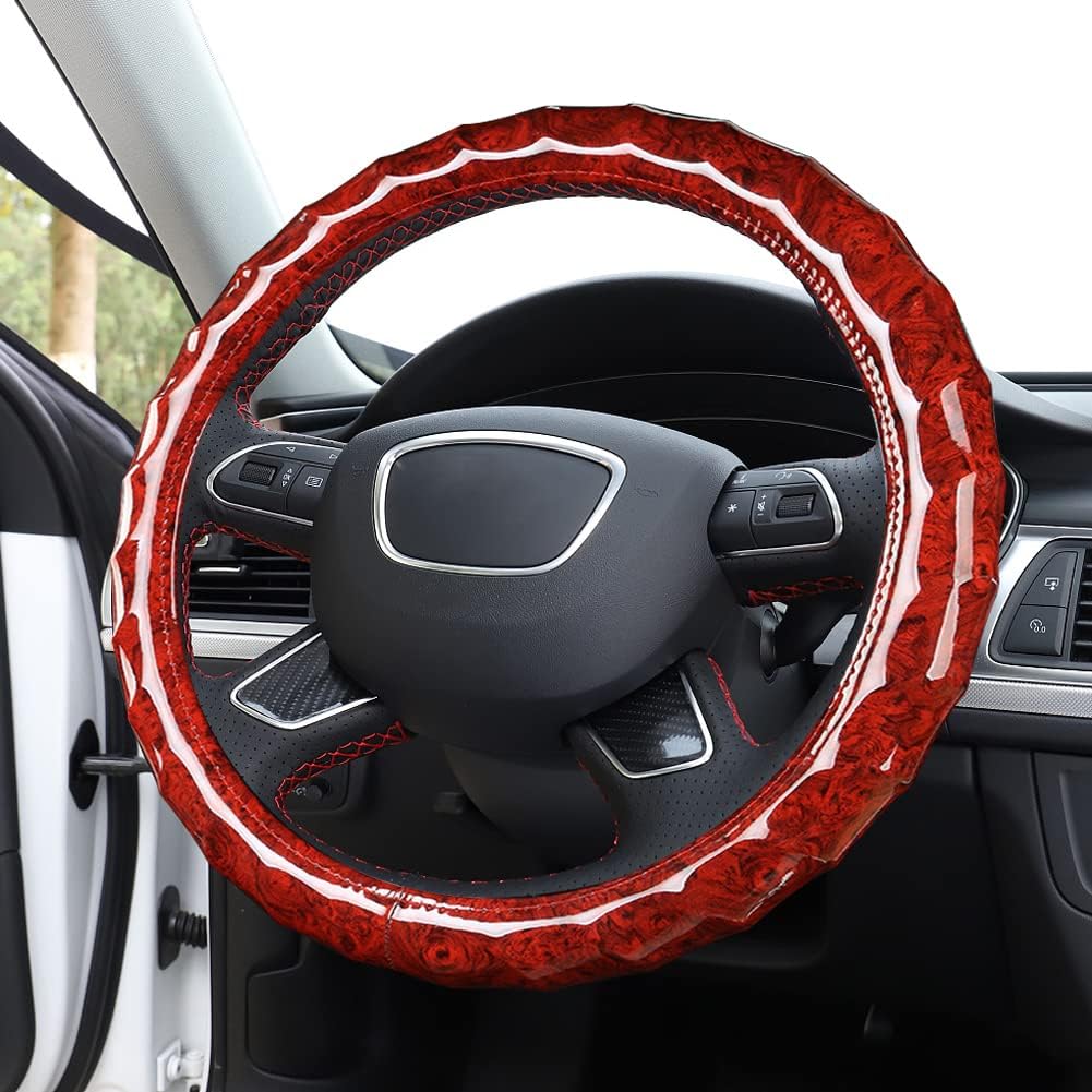 SEADEAR Imitation Leather Steering Wheel Cover Wood Grain Texture Steering Wheel Handle Cover Comfortable Steering Wheel Protector Universal Non-Slip Protection Steering Wheel Cover Auto Parts