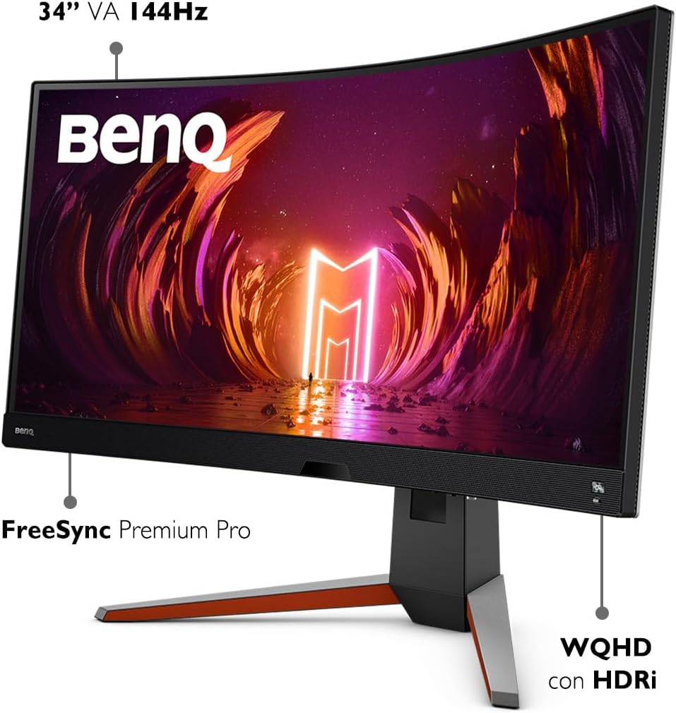 BenQ MOBIUZ EX3410R Curved Gaming Monitor 34" 2K 1440p 144Hz 1ms w/Remote | HDRi | 1000R | Color Optimizer | Freesync Premium Pro | Eye-Care | Height, Swivel & Tilt | 2.1ch w/ 5w Sub | USB Hub