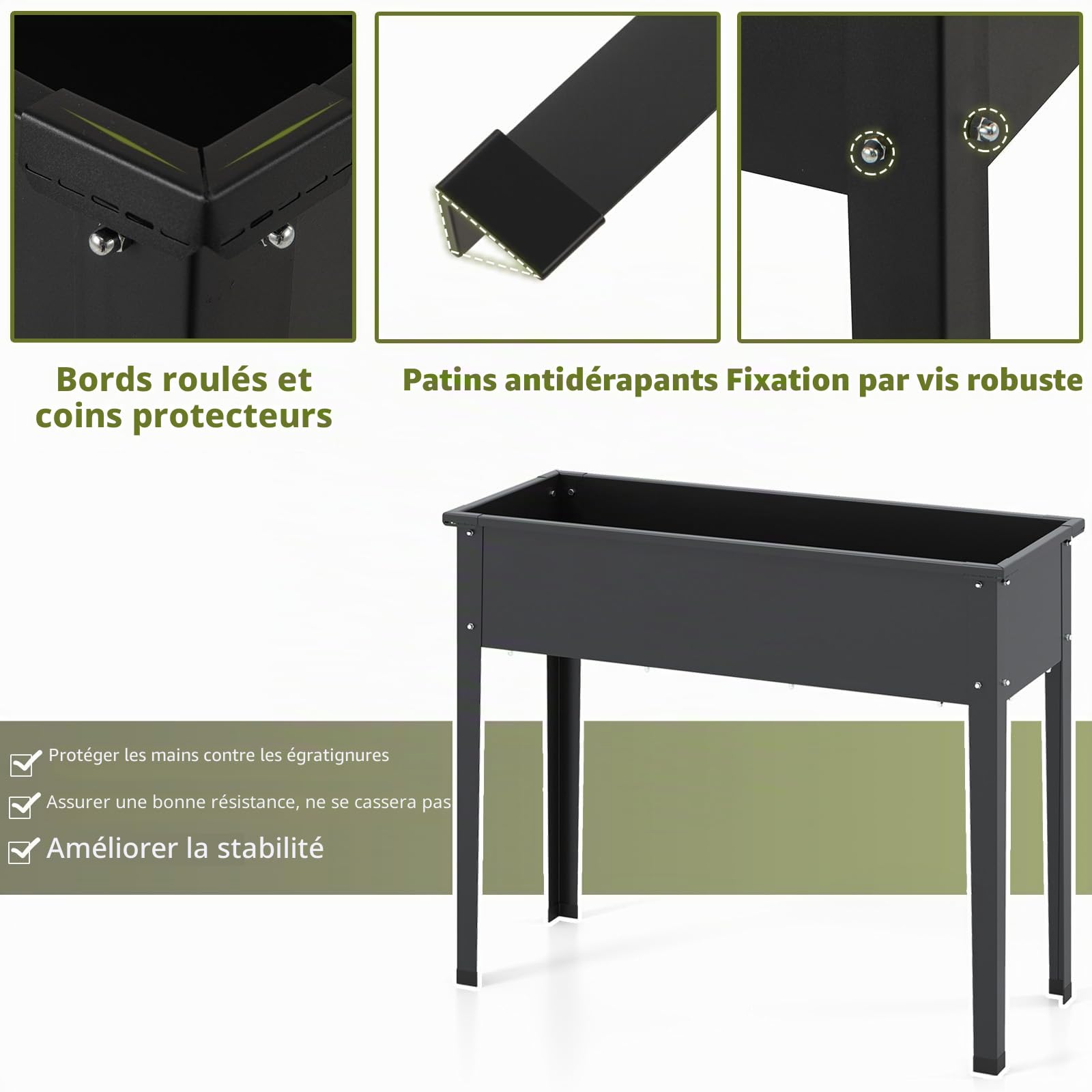 HOMASIS Jardinière sur Pieds en Métal, Jardinière Surélevé avec Trou de Drainage, Potager Surélevé Rectangulaire pour Balcon, Jardin et Terrasse (Noir, 100 x 40 x 80 cm)