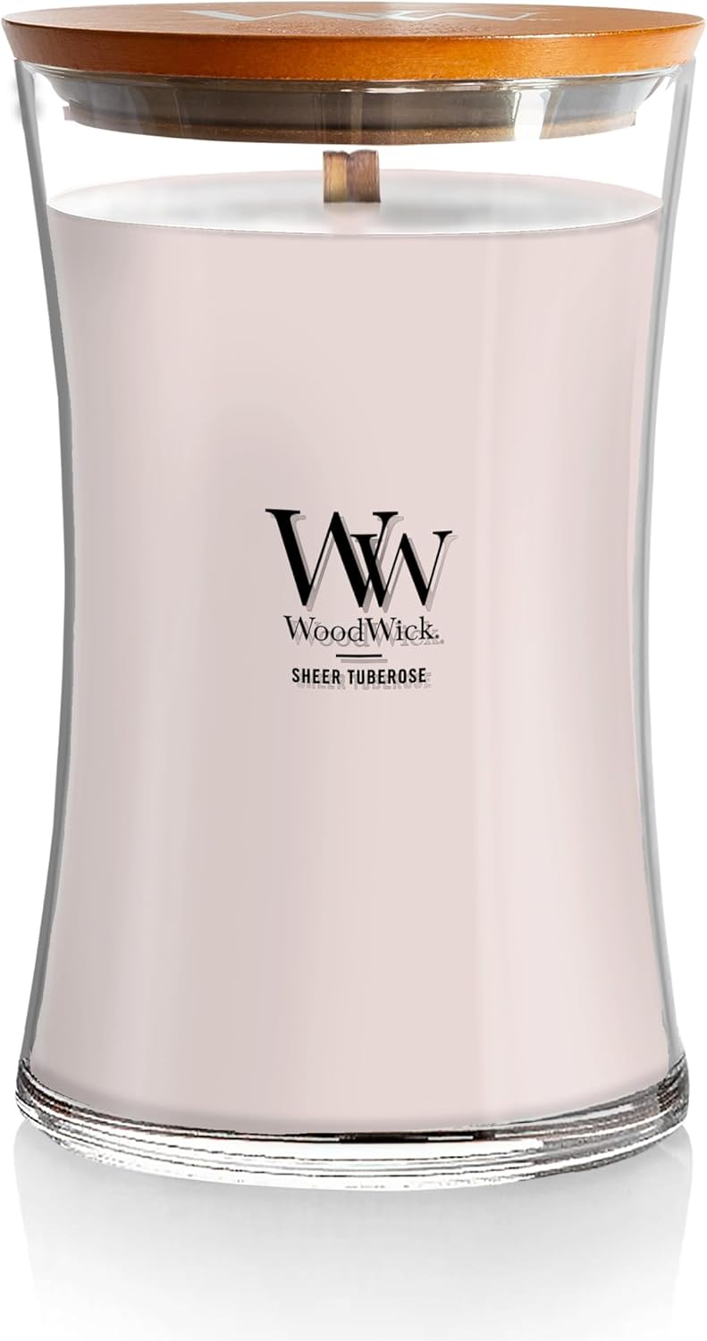 WoodWick Sheer Tuberose Gifts for Women and Men, 21.5 oz Large Hourglass Candle with Crackling Wick
