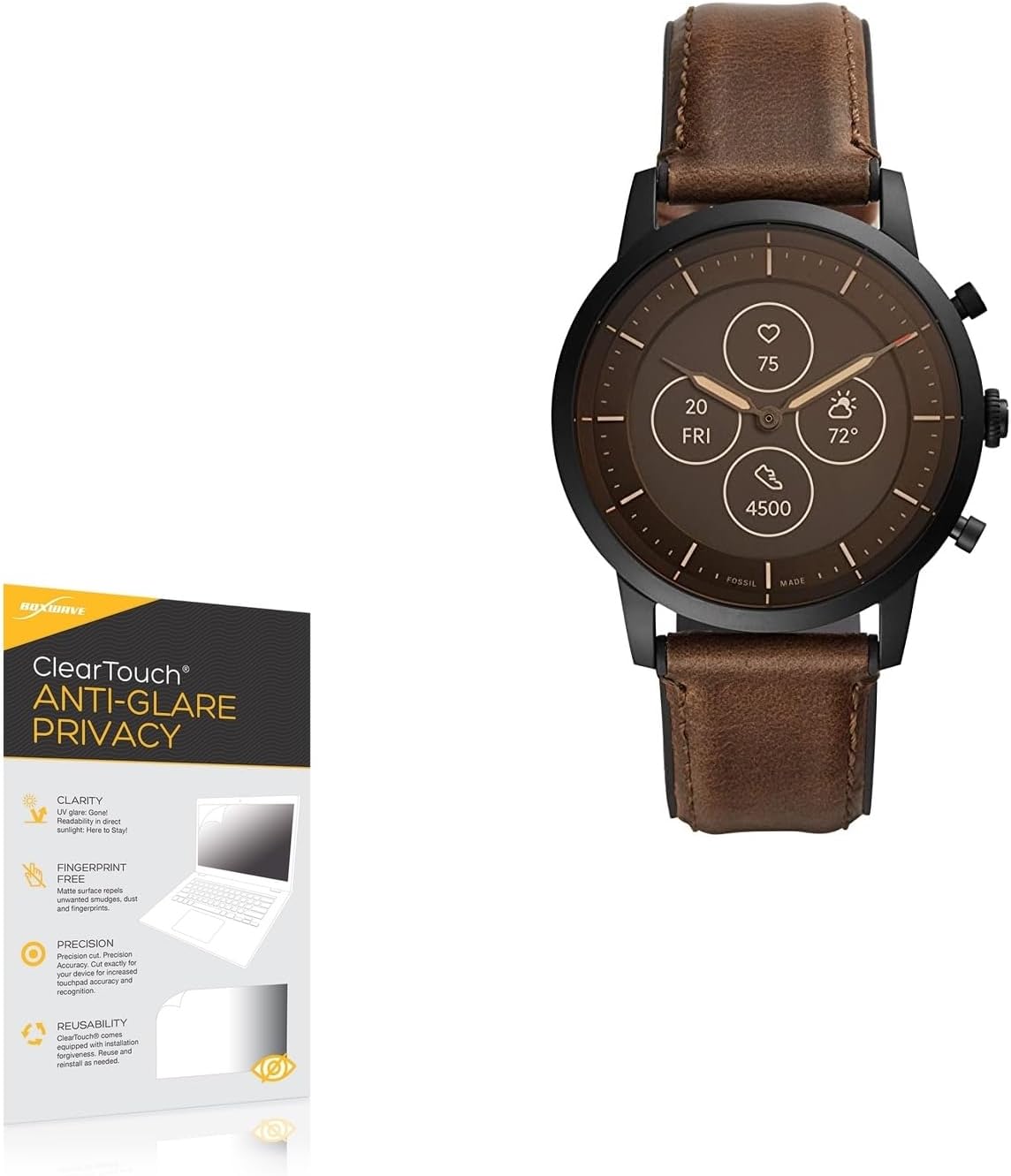 BoxWave Screen Protector Compatible with Fossil Collider HR Hybrid Smartwatch - ClearTouch Anti-Glare Privacy (2-Pack), Privacy Screen Protector Flexible Film Anti-Glare