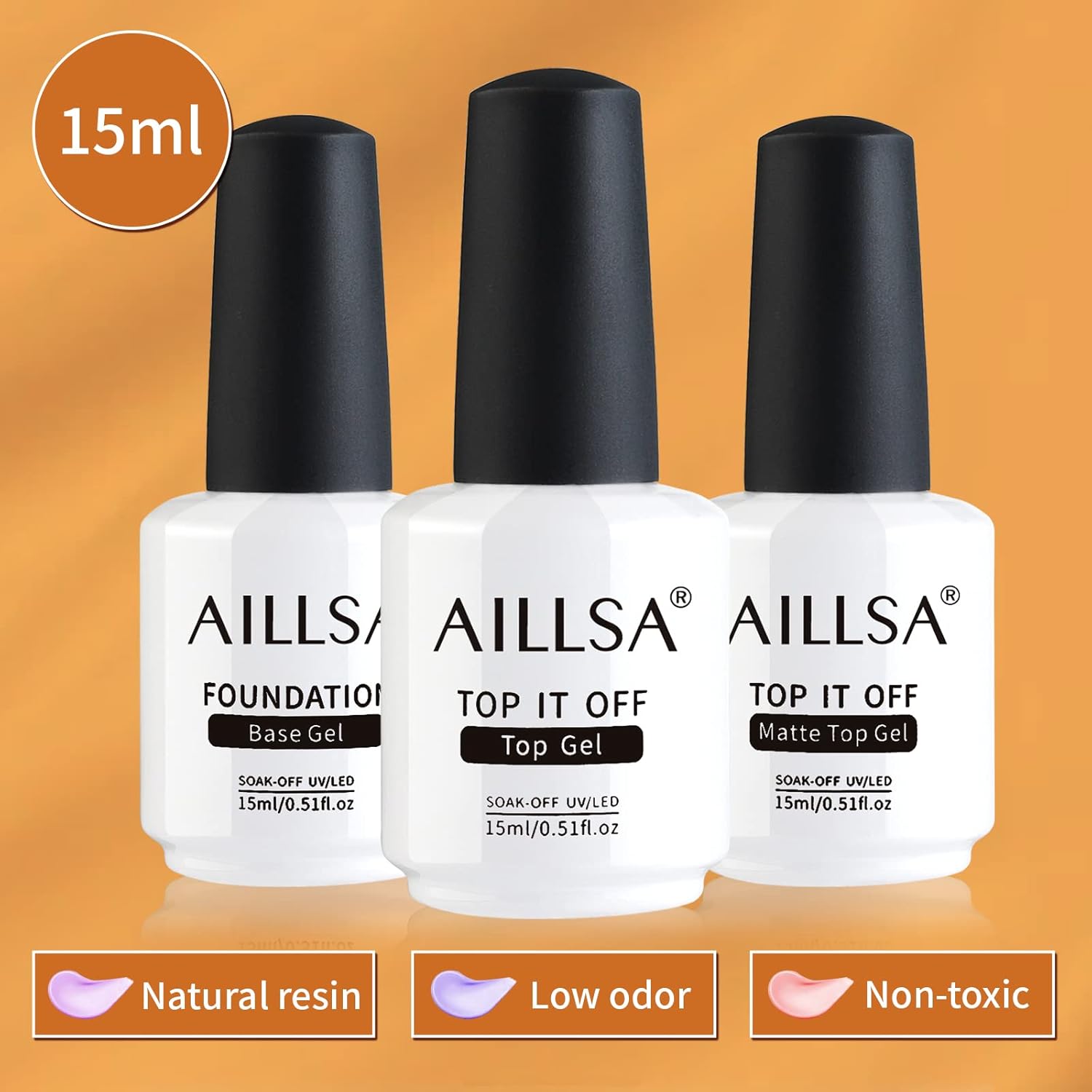 AILLSA Base and Top Coat Set for Gel Nail Polish, 3 Pcs 15ml Anti-scratch No Wipe Matte&Mirror Gloss Top Coat and UV LED Soak Off Base Coat Long-Lasting for Nail Art Home DIY : Beauty & Personal Care