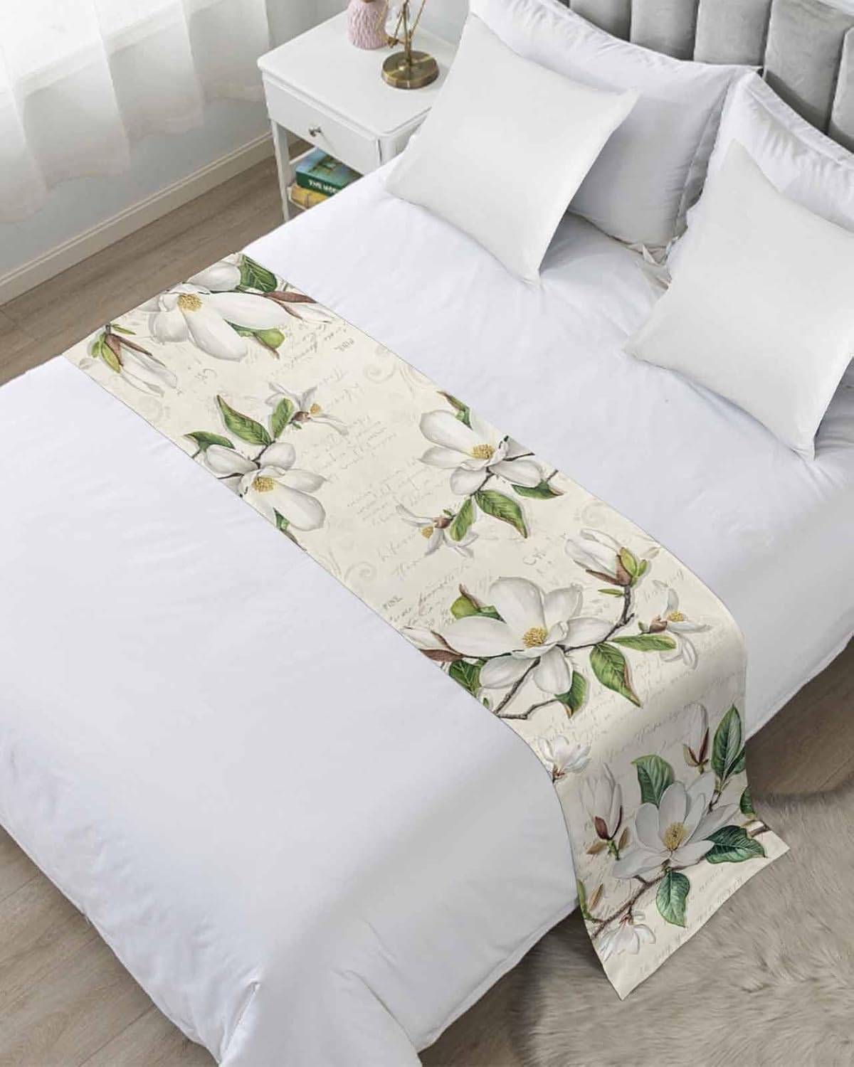 Bed Runner for King Size, Botanical Floral Decorative Scarf Throws for Foot of Bed, Retro Country Magnolia Flowers Leaves Luxury Bedding Protector Slipcover Beds Runners for Hotel/Home, 94 x 20 Inch