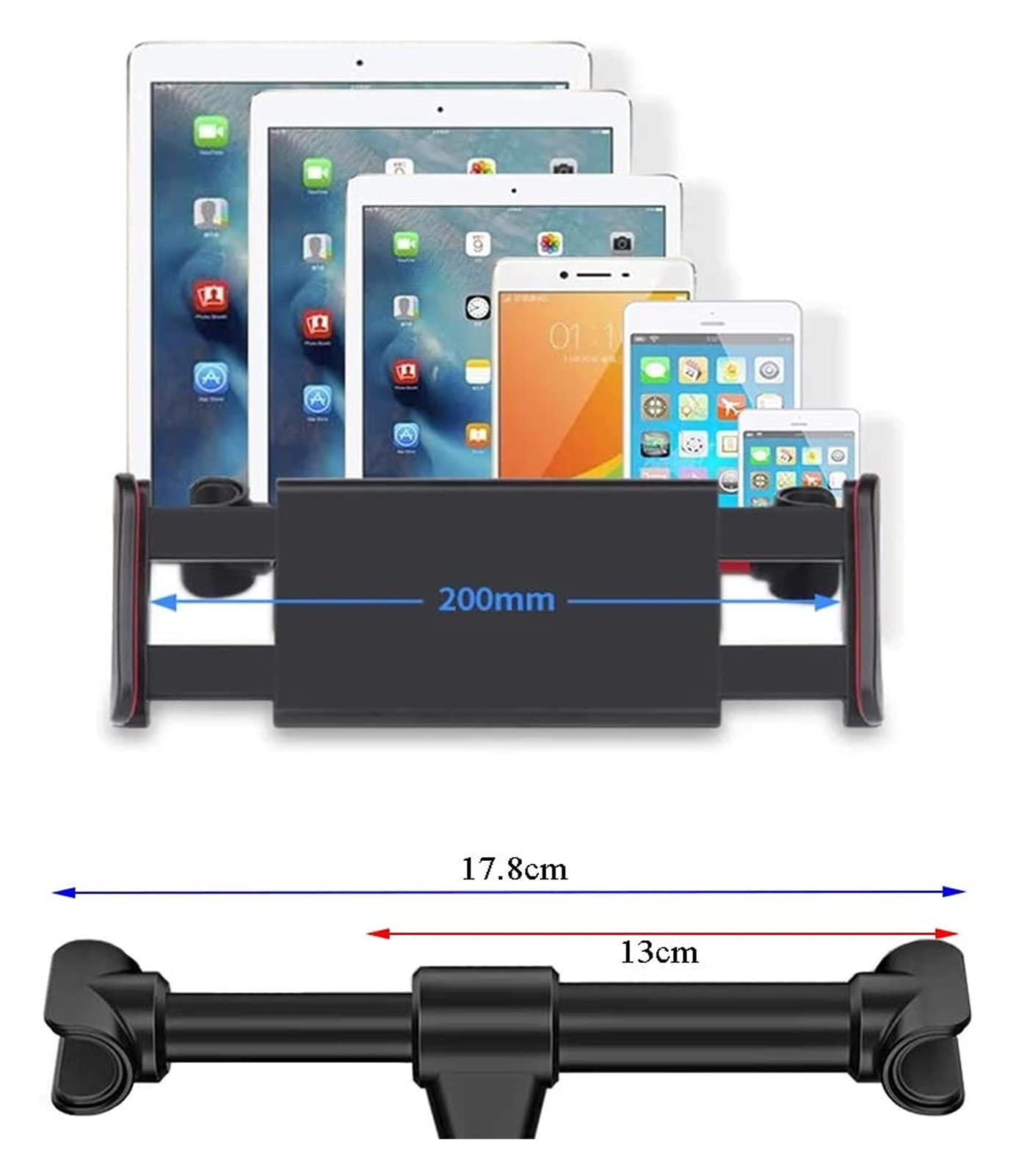 JJJ Samochodowy uchwyt na tablet z możliwością obrotu o 360 stopni, regulowany do smartfonów, tabletów, iPadów i czytników e-booków 11,5-20 cm, czarny i srebrny