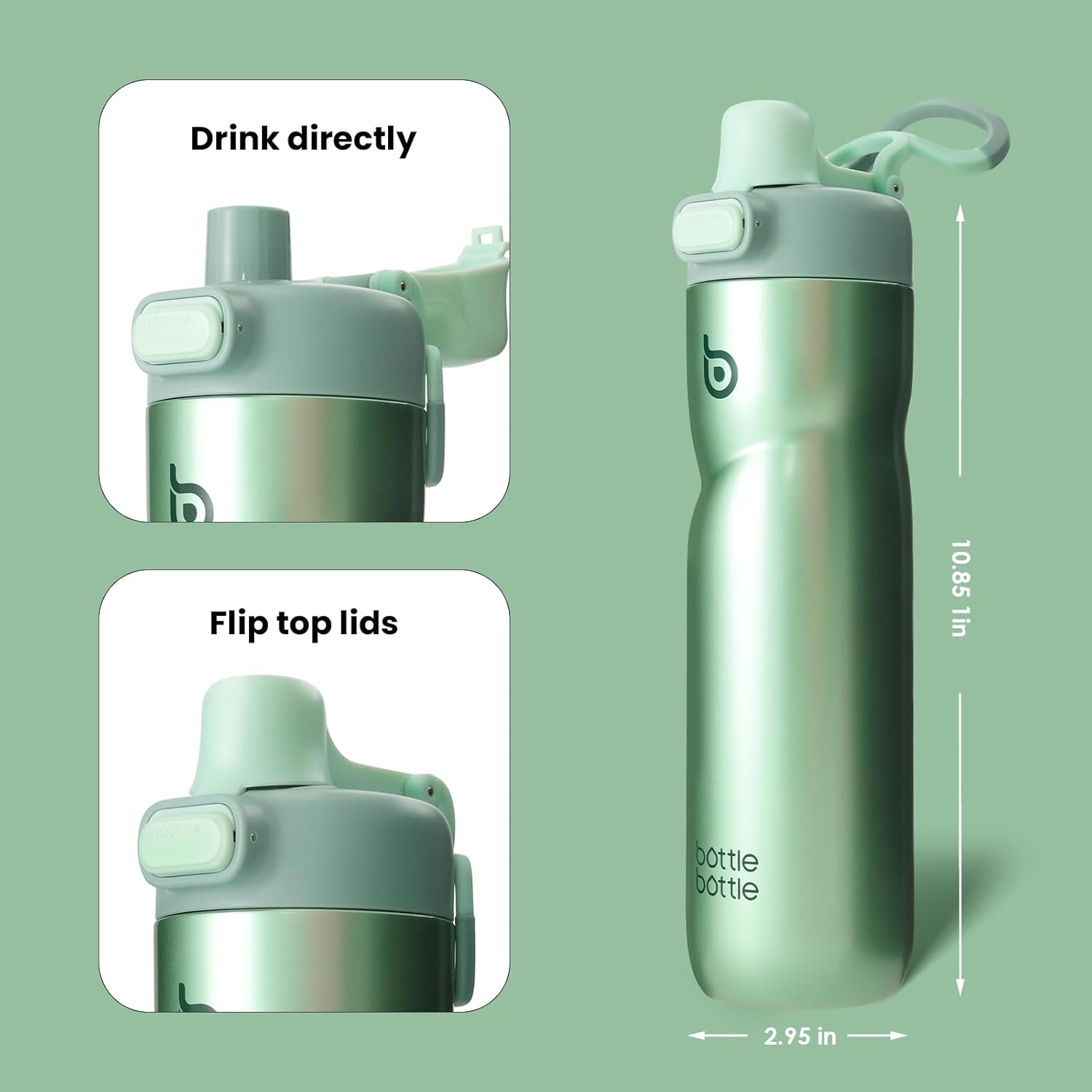 BOTTLE BOTTLE Insulated Water Bottle 24 oz with Handle and Flip Tops Lids Stainless Steel Water Bottle Push Button Lid Leak proof Portable for Running Travel Sports Hiking green - Image 4