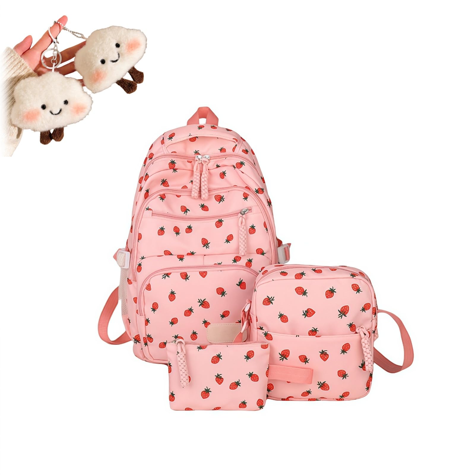 DzaiCrkwd Strawberry Backpack Three-Piece Set for Women, Cute School Bookbag Set with Insulated Lunch Box Pencil Case for Girls Kids Teens (Pink)