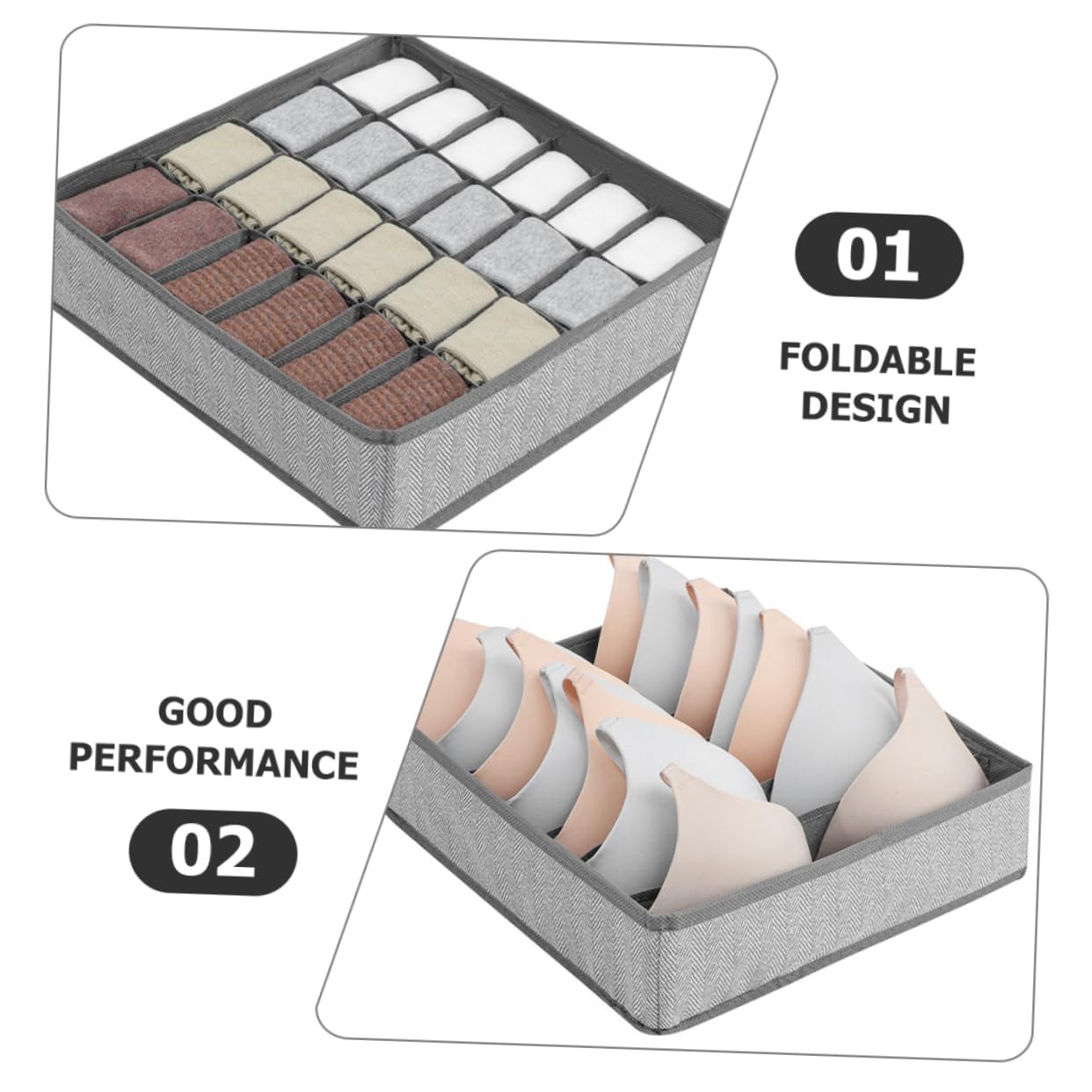 Generico Set 4 Organizer Per Cassetti Grigio Scatole Portaoggetti Pieghevoli Per Biancheria Intima e Calzini Resistenti e Riutilizzabili Per Armadi e Cassetti