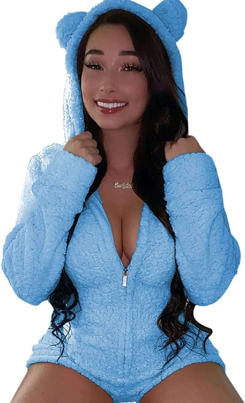 Women's Warm Fuzzy Hooded Romper Short Playsuit Jumpsuit