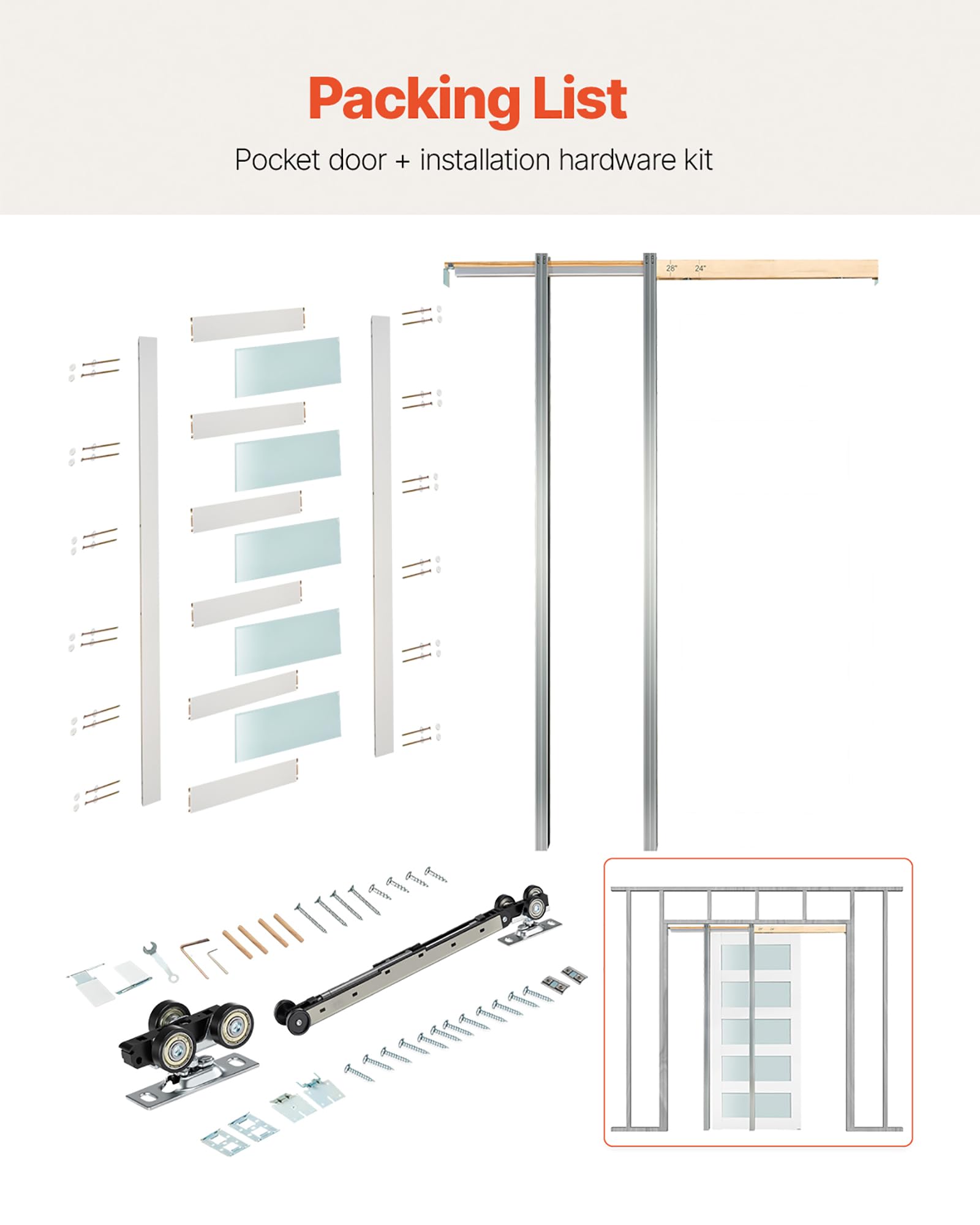 VEVOR Porte Coulissante Escamotable 203,5x76,5 cm, Simple Porte à Galandage avec 5 Panneaux en Verre Dépoli, Kit de Quincaillerie, Robuste en Bois Massif et MDF, pour Chambre, Cuisine, Bureau