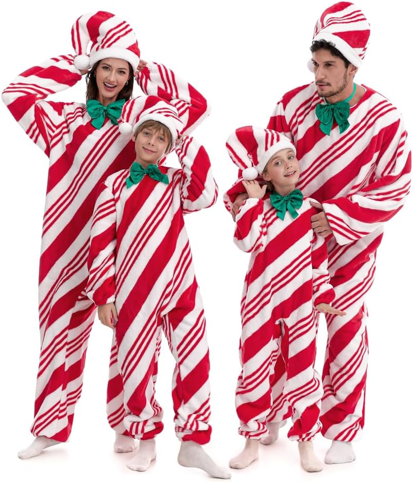 HSCTEK Fuzzy Teddy Fleece Adult Candy Cane Onesies Costume with Hoodie - Image 4