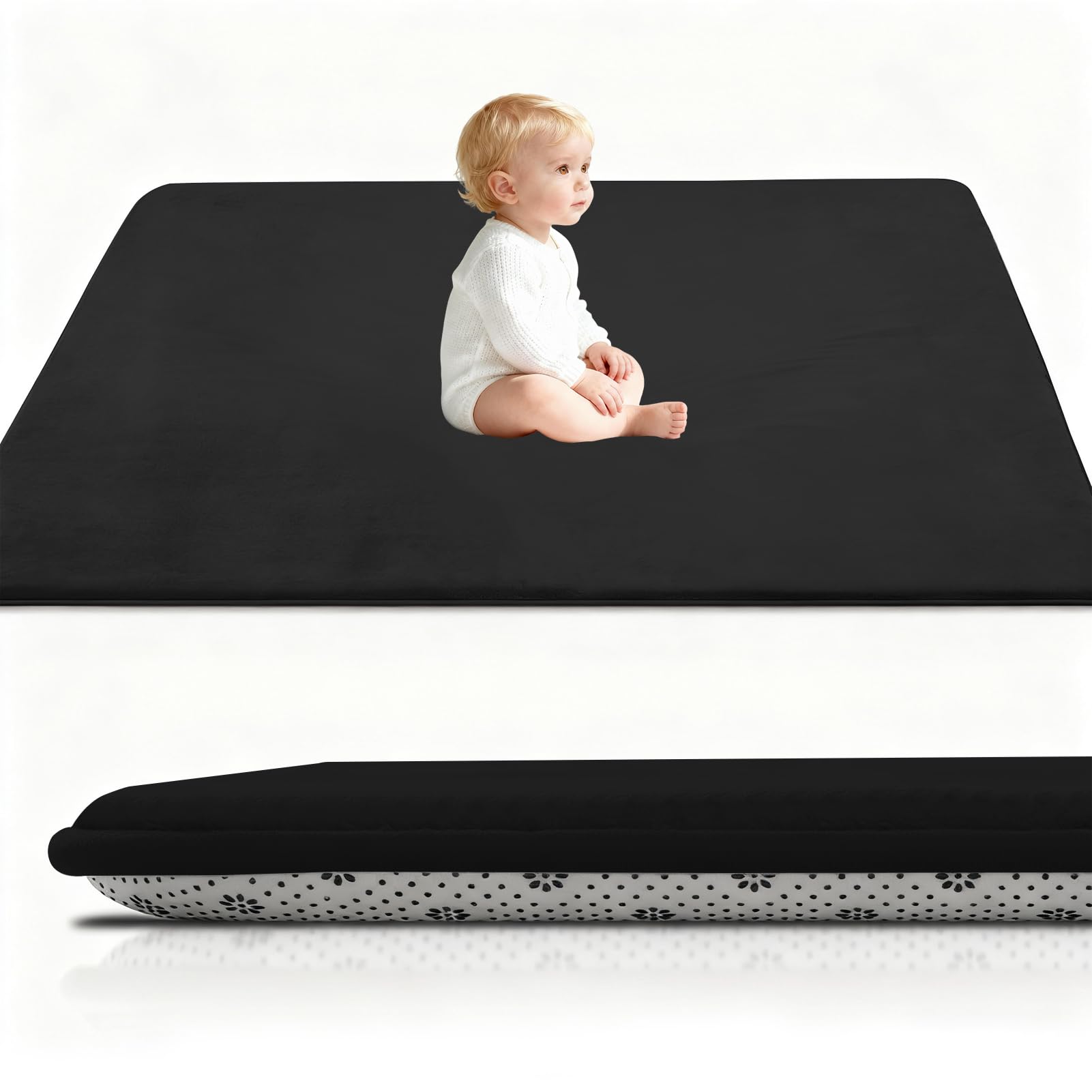 Stqyeiw Black Coral Velvet Baby Play Mat, 3Cm Thick Baby Crawling Mat Nursery Rug For Crawling & Playing For Bedroom, Kids Room, Nursery 100 X 100 Cm Babies Mats For Floor Play With Non-Slip Backing