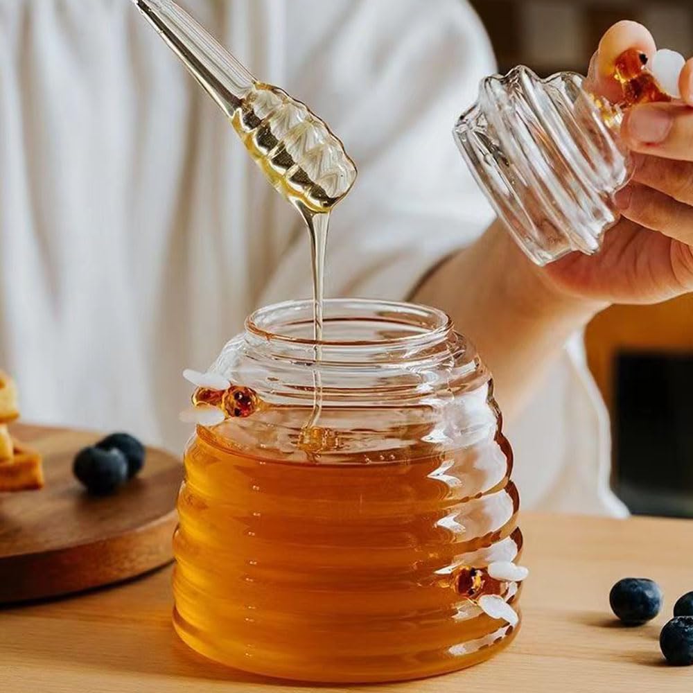Barattolo per miele in vetro da 450 ml con decorazioni artistiche a forma di ape e cucchiaio in vetro