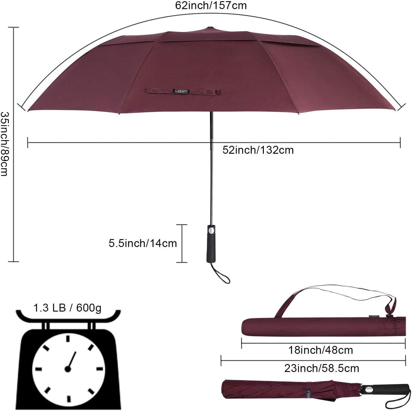 G4Free 62 Inch Portable Golf Umbrella Large Oversize Double Canopy Vented Windproof Waterproof Automatic Open Stick Umbrellas for Men and Women(Wine Red) - Image 4